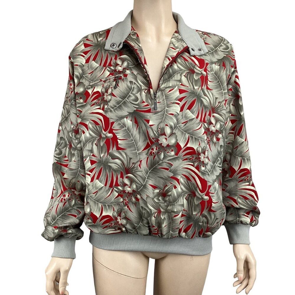 Tehama Tropical Floral Pullover Jacket Size‎ Medium Red & Gray Nancy Haley